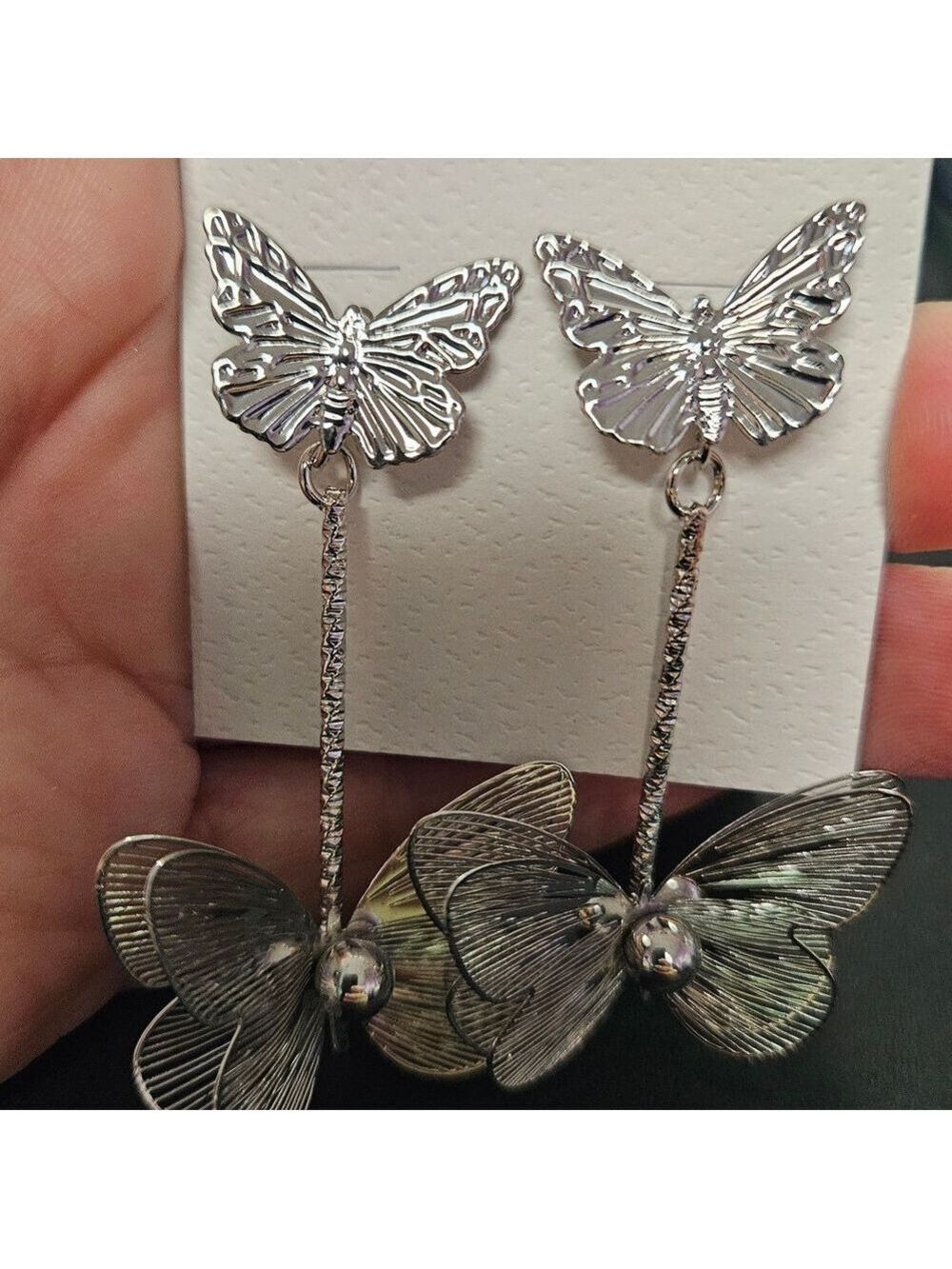 Silver Butterfly Drop Earrings - Elegant Women's Jewelry - Picture 2 of 4